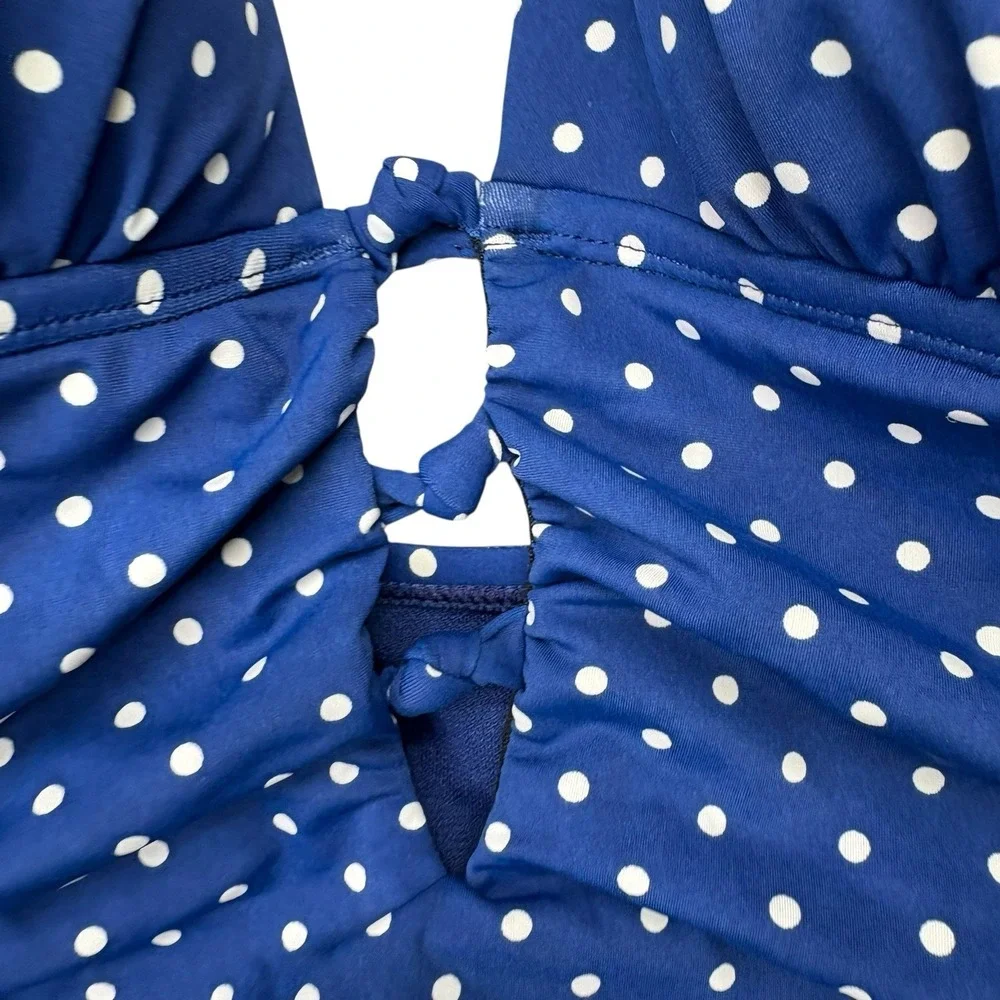 Lauren Ralph Lauren Womens Swimsuit 8 Blue Polka Dot One Piece Halter Ruched